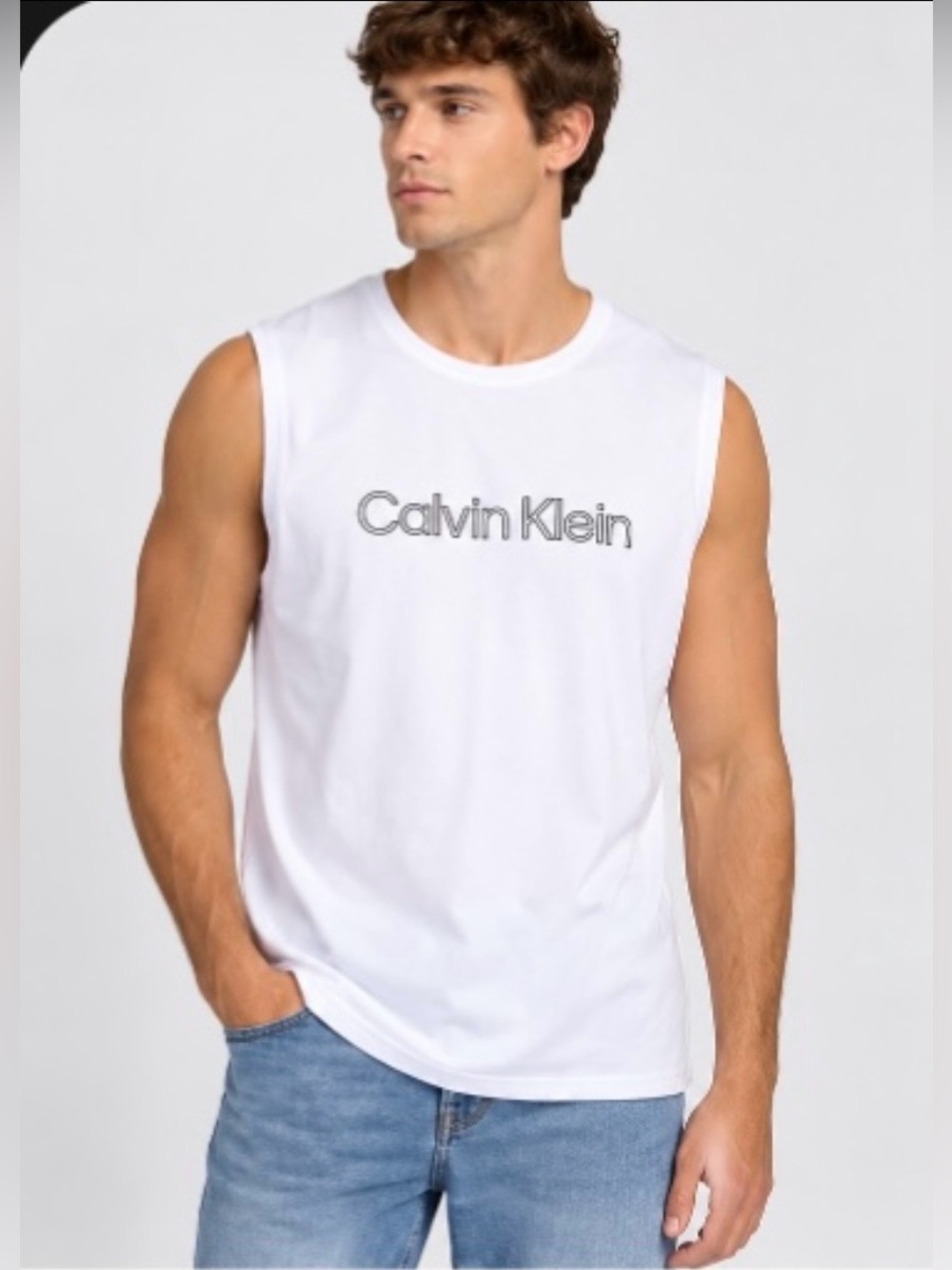 Calvin Klein Men's Size XL White Sleeveless Muscle Shirt Swimwear UPF 40+ Logo